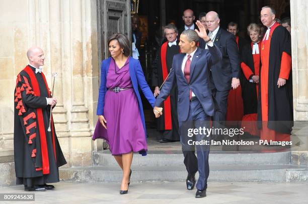 President Barack Obama and First Lady Michelle leave Westminster Abbey in central London after a tour, as the President embarks on a three-day state...