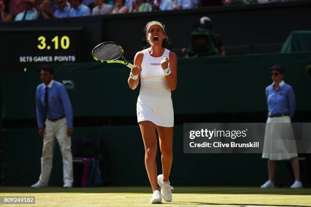 Johanna Konta of Great Britain celebrates match point and victory during the Ladies Singles second round match against Donna Vekic of Croatia on day...