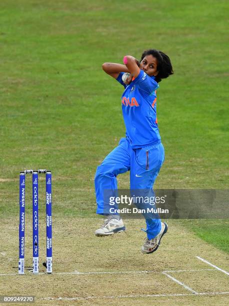 Poonam Yadav of India bowls during the ICC Women's World Cup 2017 match between Sri Lanka and India at The 3aaa County Ground on July 5, 2017 in...