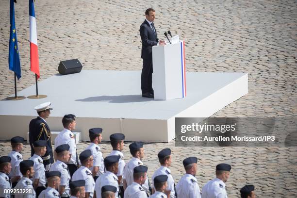 French President Emmanuel Macron attends the Simone Veil Funeral and national tribute at Hotel des Invalides on July 5, 2017 in Paris, France....