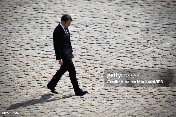 French President Emmanuel Macron attends the Simone Veil Funeral and national tribute at Hotel des Invalides on July 5, 2017 in Paris, France....