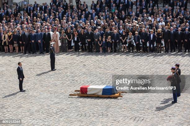 French President Emmanuel Macron attends the Simone Veil Funeral and national tribute at Hotel des Invalides on July 5, 2017 in Paris, France....