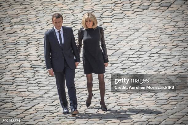 French President Emmanuel Macron and his wife Brigitte Trogneux attend the Simone Veil Funeral and national tribute at Hotel des Invalides on July 5,...