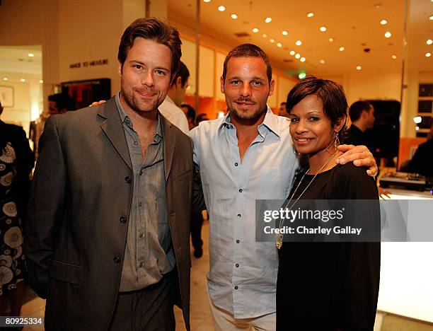 Actors Brad Rowe, Justin Chambers and wife Keisha Chambers attend the Kickoff Party for the Butterfly Ball hosted at the Saks Fifth Avenue men's...