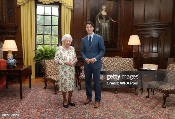 Queen Elizabeth II meets with Canadian Prime Minister Justin Trudeau during an audience at the Palace of Holyroodhouse in Edinburgh, Scotland.