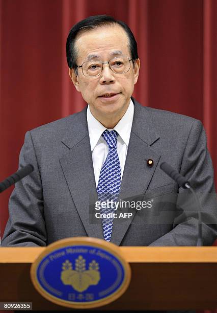 Japanese Prime Minister Yasuo Fukuda delivers a speech during a press conference at the prime minister's official residence in Tokyo on April 30,...