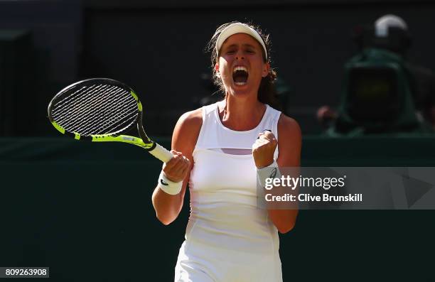 Johanna Konta of Great Britain celebrates match point and victory during the Ladies Singles second round match against Donna Vekic of Croatia on day...