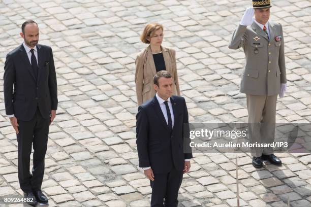 French President Emmanuel Macron and French Prime Minister Edouard Philippe attend the Simone Veil Funeral and national tribute at Hotel des...