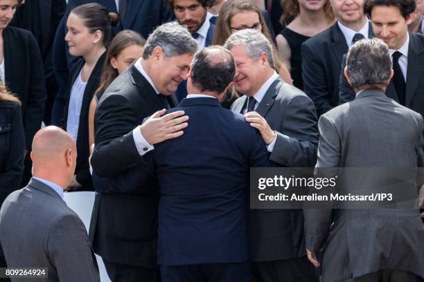 Former French President Francois Hollande greets Pierre Francois Veil and Jean Veil during the Funeral and national tribute to their mother Simone...