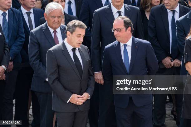 Both Former French Presidents Francois Hollande and Nicolas Sarkozy attend the Simone Veil Funeral and national tribute at Hotel des Invalides on...