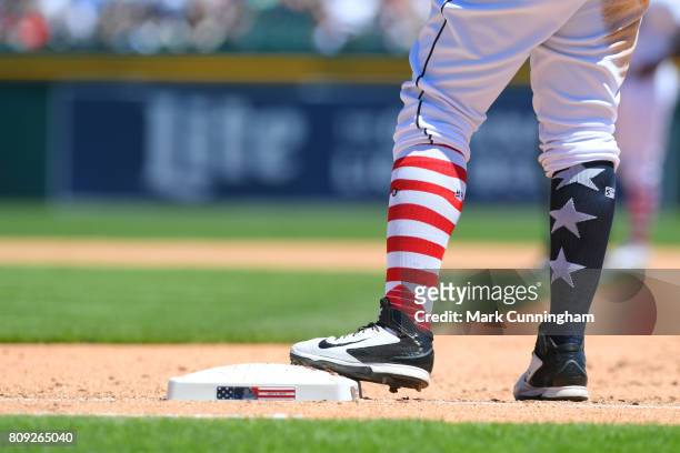 Detailed view of the special red, white and blue socks to honor Independence Day worn by Miguel Cabrera of the Detroit Tigers during the Fourth of...