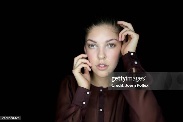 Paulina Swarovski poses backstage ahead of the Maisonnoee show during the Mercedes-Benz Fashion Week Berlin Spring/Summer 2018 at Kaufhaus Jandorf on...