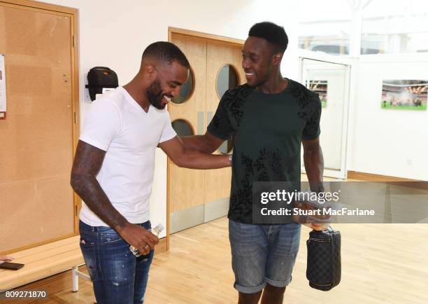 New Arsenal signing Alexandre Lacazette meets Danny Welbeck at London Colney on July 4, 2017 in St Albans, England.