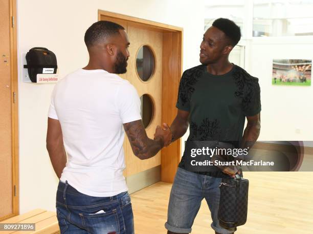 New Arsenal signing Alexandre Lacazette meets Danny Welbeck at London Colney on July 4, 2017 in St Albans, England.