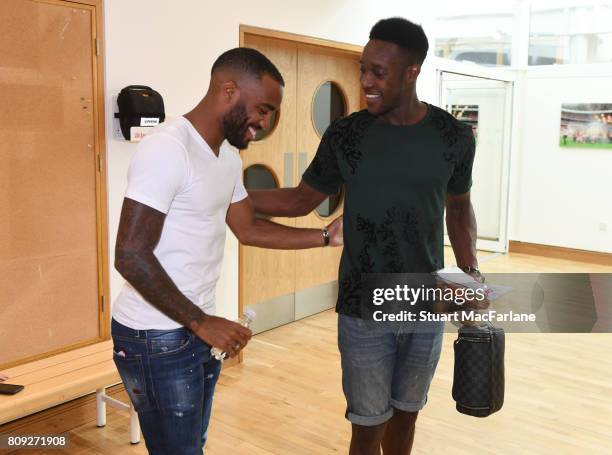 New Arsenal signing Alexandre Lacazette meets Danny Welbeck at London Colney on July 4, 2017 in St Albans, England.