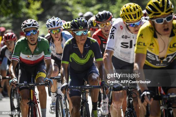 Great Britain's Geraint Thomas wearing the overall leader's yellow jersey, Great Britain's Christopher Froome, Colombia's Nairo Quintana, France's...