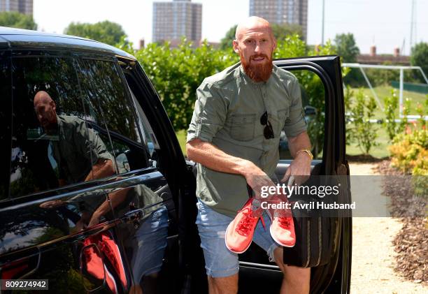 James Collins of West Ham United arrives for the first day of pre-season training at Rush Green on July 5, 2017 in Romford, England.