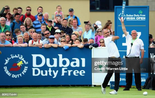 Pep Guardiola tees off on the 17th during the Pro-Am of the Dubai Duty Free Irish Open at Portstewart Golf Club on July 5, 2017 in Londonderry,...