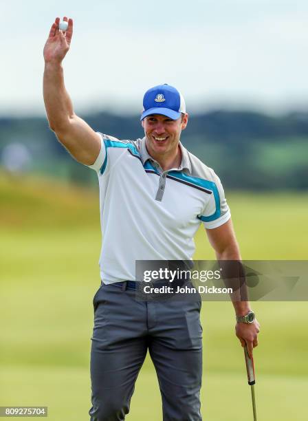 Portstewart , United Kingdom - 5 July 2017; Stephen Ferris, Northern Ireland, celebrates after making a birdie at the 16th during the Pro-Am ahead of...