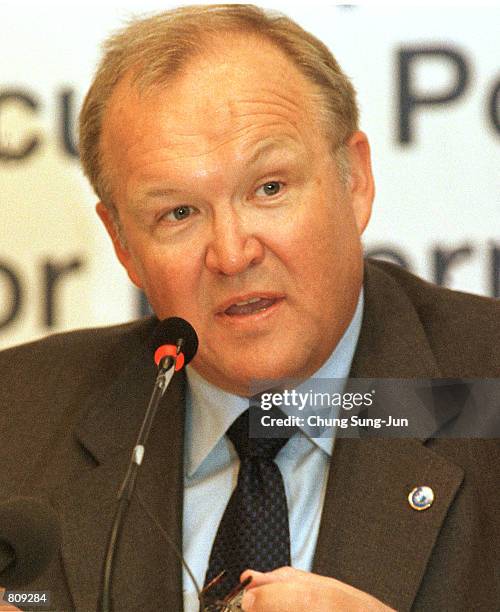 European Council President and Sweden's Prime Minister Goeran Persson answers questions from reporters during a news conference May 4, 2001 in Seoul....