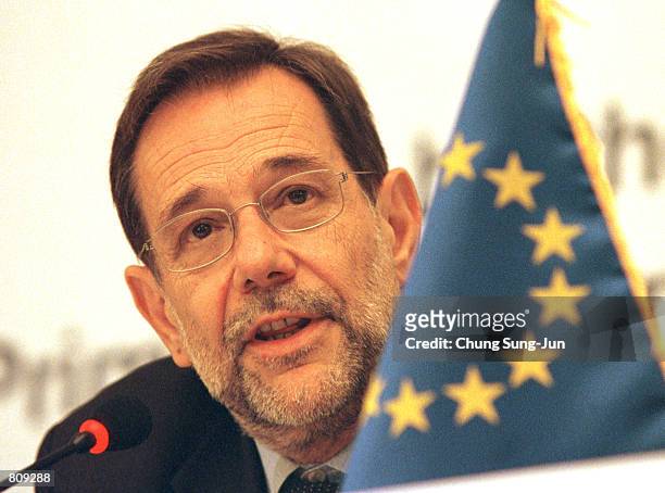 Javier Solana, High Representative of the Common Foreign and Security Policy of the European Union answers questions from reporters during a news...