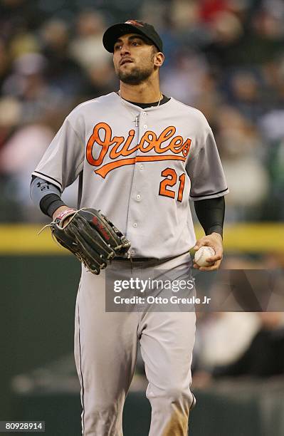 Nick Markakis of the Baltimore Orioles looks on against the Seattle Mariners during their MLB game on April 24, 2008 at Safeco Field in Seattle,...