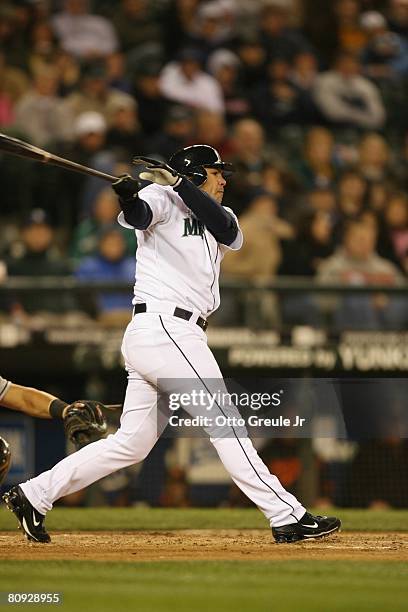 Jose Vidro of the Seattle Mariners swings at a pitch against the Baltimore Orioles during their MLB game on April 24, 2008 at Safeco Field in...