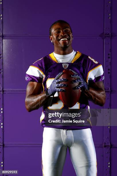 Receiver Bernard Berrian of the Minnesota Vikings poses during a portrait shoot on April 29, 2008 at the Vikings' Winter Park practice facility in...