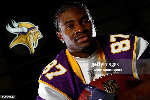 Receiver Bernard Berrian of the Minnesota Vikings poses during a portrait shoot on April 29, 2008 at the Vikings' Winter Park practice facility in...