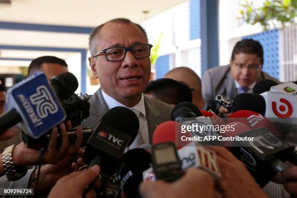 Ecuadorean Vice-President Jorge Glas speaks to the press after testifying on the corruption case of Brazilian construction company Odebrecht at the...