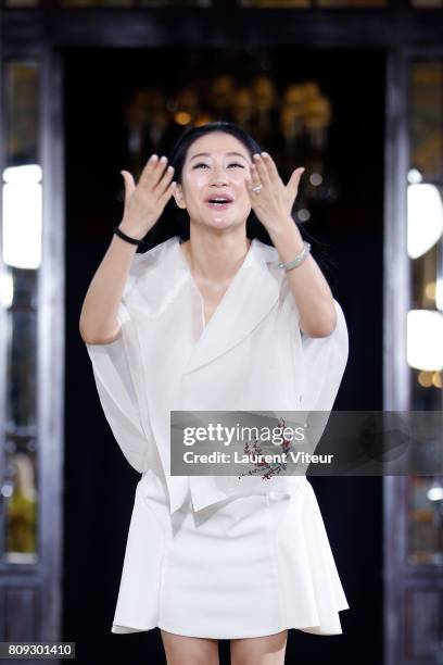 Designer Lan Yu walks the runway during the Lanyu Haute Couture Fall/Winter 2017-2018 show as part of Haute Couture Paris Fashion Week on July 5,...