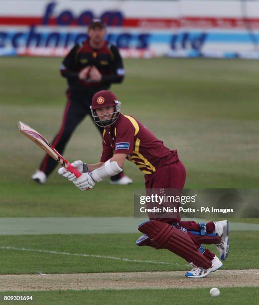 Northamptonshire Steelback batsman Stephen Peters scores during his innings of 12 during the Friends Life T20 North Group match at the County Ground,...