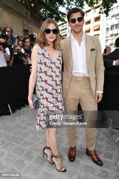 Olivia Palermo and Johannes Huebl are seen arriving at Valentino fashion show during the Paris Fashion Week - Haute Couture Fall/Winter 2017-2018 on...