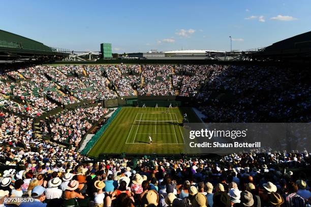 General view of play on court number one during the Ladies Singles second round match between Qiang Wang of China and Venus Williams of The United...