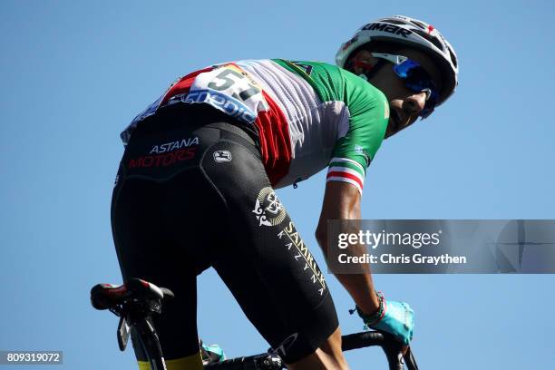 Fabio Aru of Italy riding for Astana Pro Team looks back as he rides to win the stage during stage five of the 2017 Le Tour de France, a 160.5km...