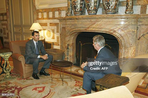 Prince Felipe of Spain, Prince of Asturias and Belgian Prince Philippe are pictured during a meeting at the Royals Palace in Brussels, on April 30,...