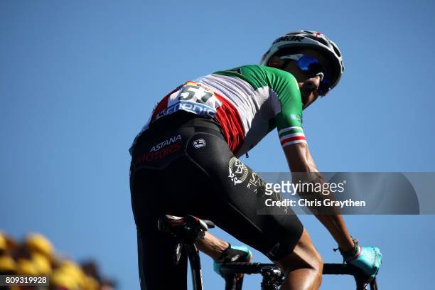 Fabio Aru of Italy riding for Astana Pro Team looks back as he rides to win the stage during stage five of the 2017 Le Tour de France, a 160.5km...