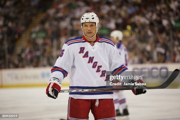 Sean Avery of the New York Rangers waits for a face off against the Pittsburgh Penguins during game two of the Eastern Conference Semifinals of the...