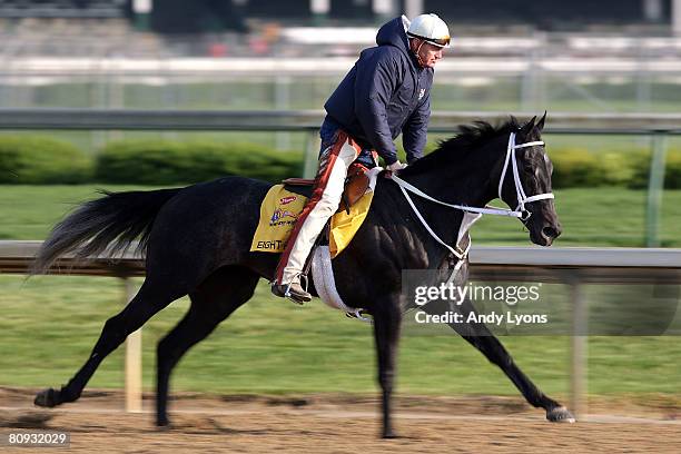 Eight Belles with trainer Larry Jones aboard runs on the track during the morning training for the Kentucky Derby on April 30, 2008 at Churchill...
