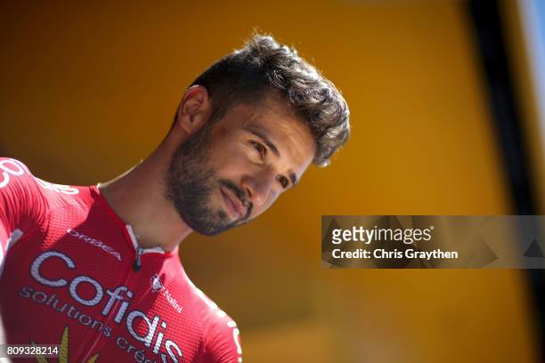 Nacer Bouhanni of France riding for Confidis, Solutions Credits stands on stage prior to stage five of the 2017 Le Tour de France, a 160.5km stage...