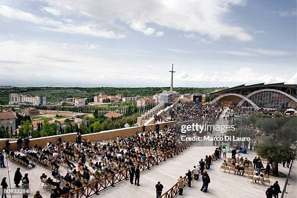 Faithfuls attend the Mass to celebrate the display and veneration of the body of Padre Pio in front of the church of San Pio, designed by Italian...