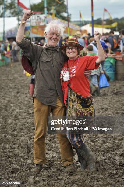 Year-old festival virgins Richard Hopkinson and Meryl Knapp enjoying their first ever Glastonbury festival at Worthy Farm, Pilton.