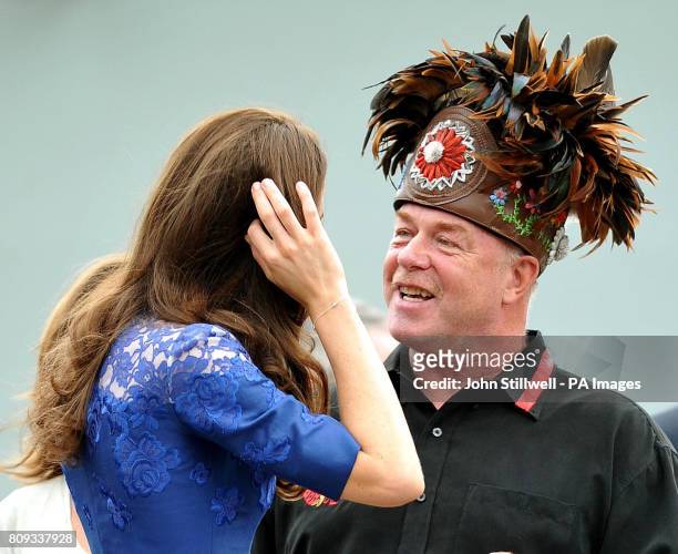 The Duchess of Cambridge talks to Grand Chief of the Huron-Wendat Indians, Konrad Sioui, as they leave HMCS Montreal at Quebec City, after travelling...
