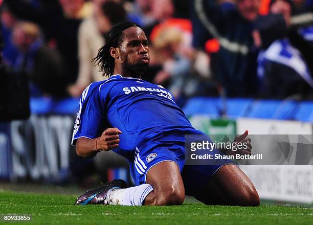 Didier Drogba of Chelsea celebrates as he scores their first goal during the UEFA Champions League Semi Final 2nd leg match between Chelsea and...