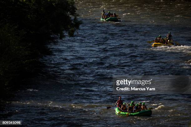 Rafters float down the powerful Kern River in Kernville, Calif., on July 2, 2017.
