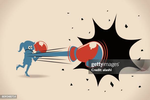 stockillustraties, clipart, cartoons en iconen met zakenvrouw (vrouw, meisje) ponsen met bokshandschoen - self defense