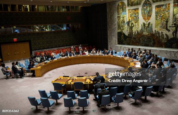 The U.N. Security Council holds an emergency meeting at United Nations headquarters regarding the situation on the Korean peninsula, July 5, 2017 in...