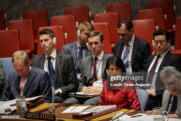 Nikki Haley, United States ambassador to the United Nations, listens during an emergency meeting of the U.N. Security Council at United Nations...