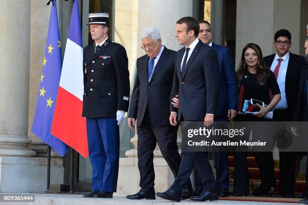 French President Emmanuel Macron escorts Mahmoud Abbas after a meeting at Elysee Palace on July 5, 2017 in Paris, France. Palestinian President...