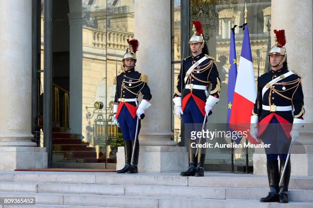 General view of Republicans guards as French President Emmanuel Macron welcomes Palestinian President Mahmoud Abbas for a meeting at Elysee Palace on...
